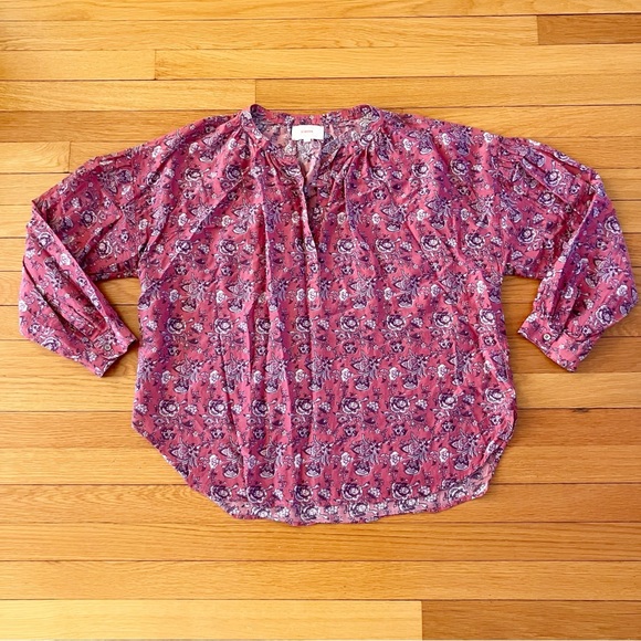 XiRENA Pink Wild Rose Floral Cotton Silk Boho Cottagecore Romi Top Blouse Large - Picture 3 of 10